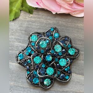 Large Blue and Teal Rhinestone Brooch with Rhodium Finish
